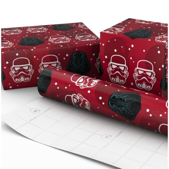 Hallmark Wrapping Paper Christmas Darth Vader Stormtrooper Helmets Red 25 sq ft - Picture 3 of 5
